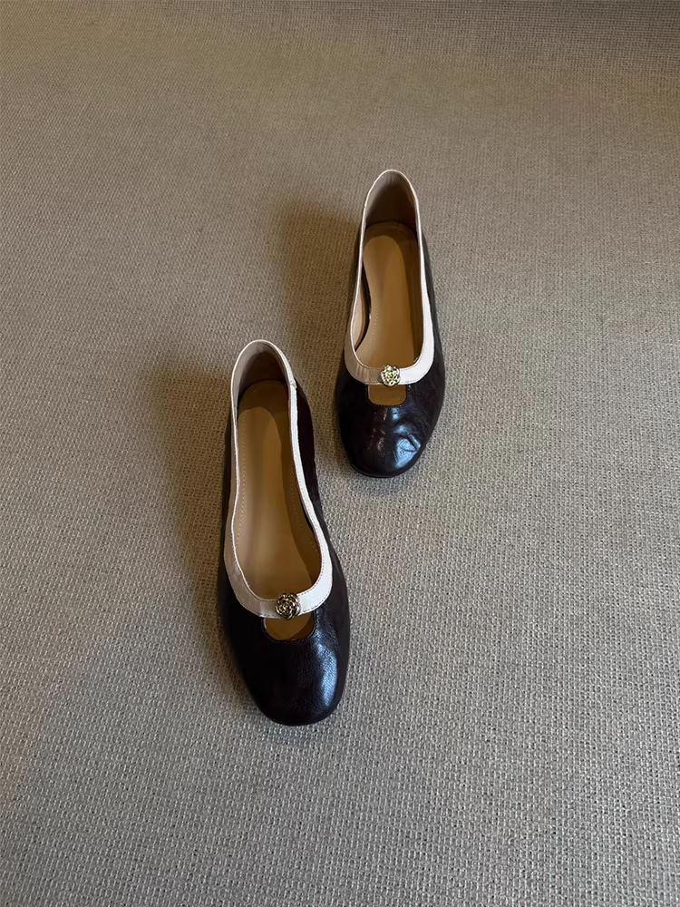 Phiên bản da cừu ~ Giày bệt hoa trà dành cho nữ, giày Mary Jane mũi tròn nông kiểu Chanel cổ điển kiểu Pháp