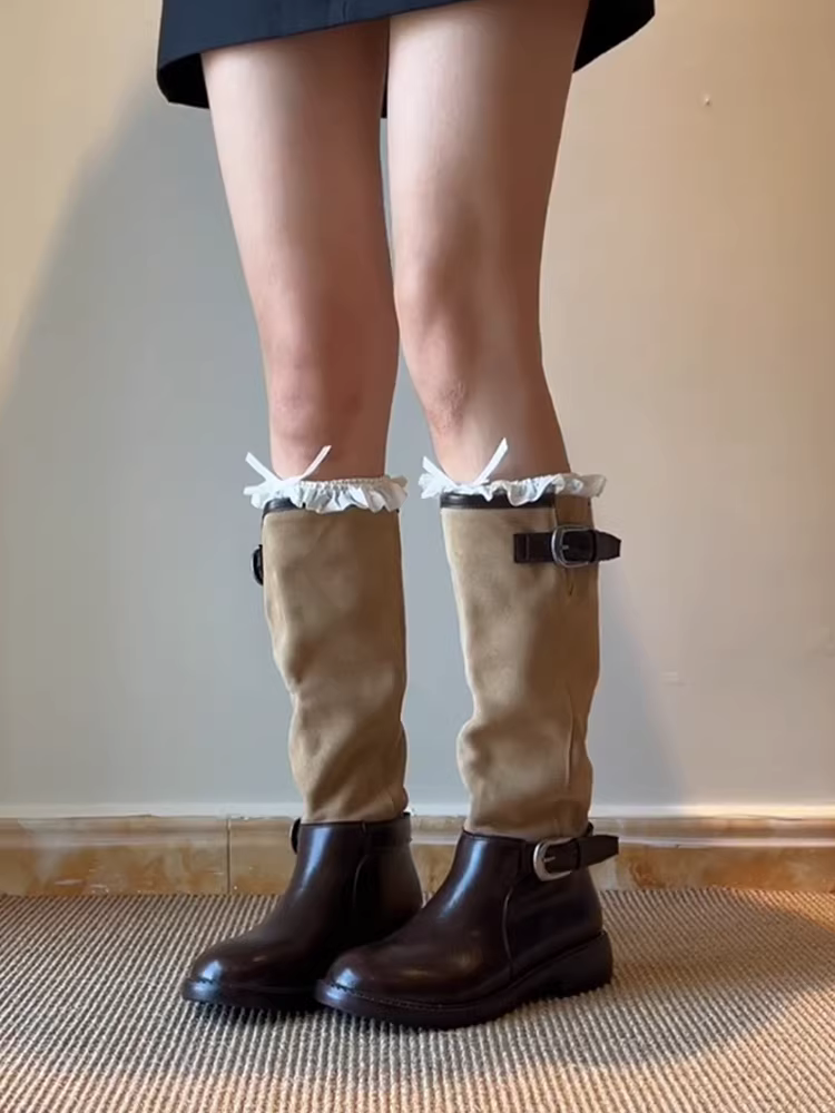 Phiên bản da bò ~ Giày bốt da thật đa năng kiểu phương Tây dành cho nữ, kiểu Anh, ống rộng, dài, kiểu dáng thon gọn, gót thấp, thích hợp đi cưỡi ngựa