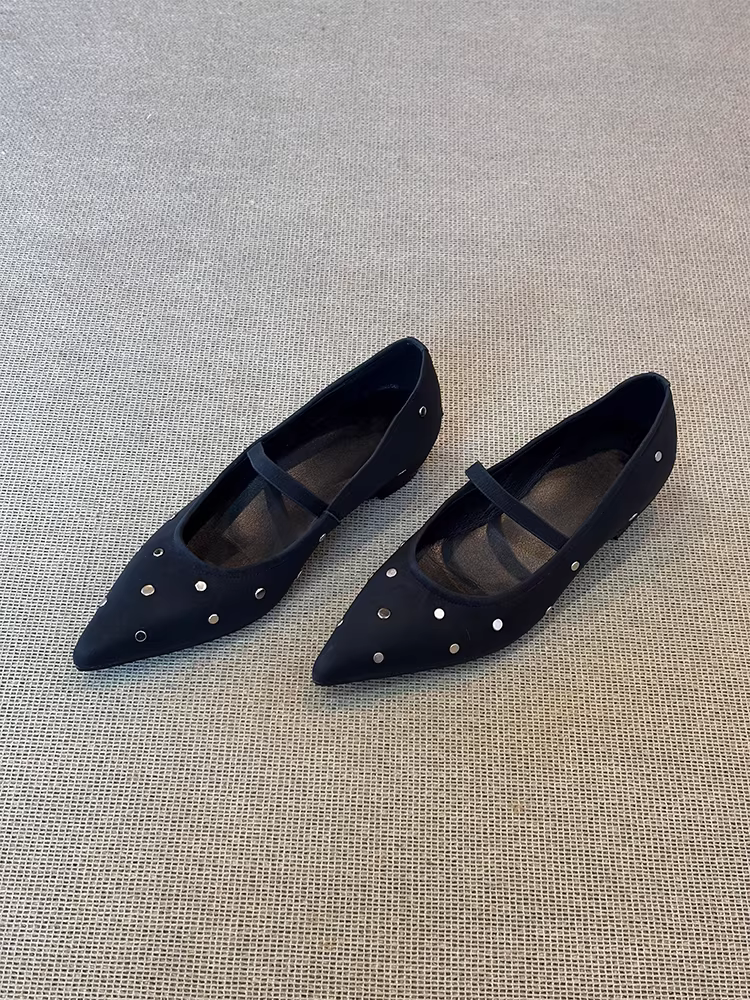 Phiên bản da cừu ~ Giày đơn da thật mũi nhọn kiểu Pháp tăng chiều cao dành cho nữ có đinh tán, giày Mary Jane đi làm thanh lịch