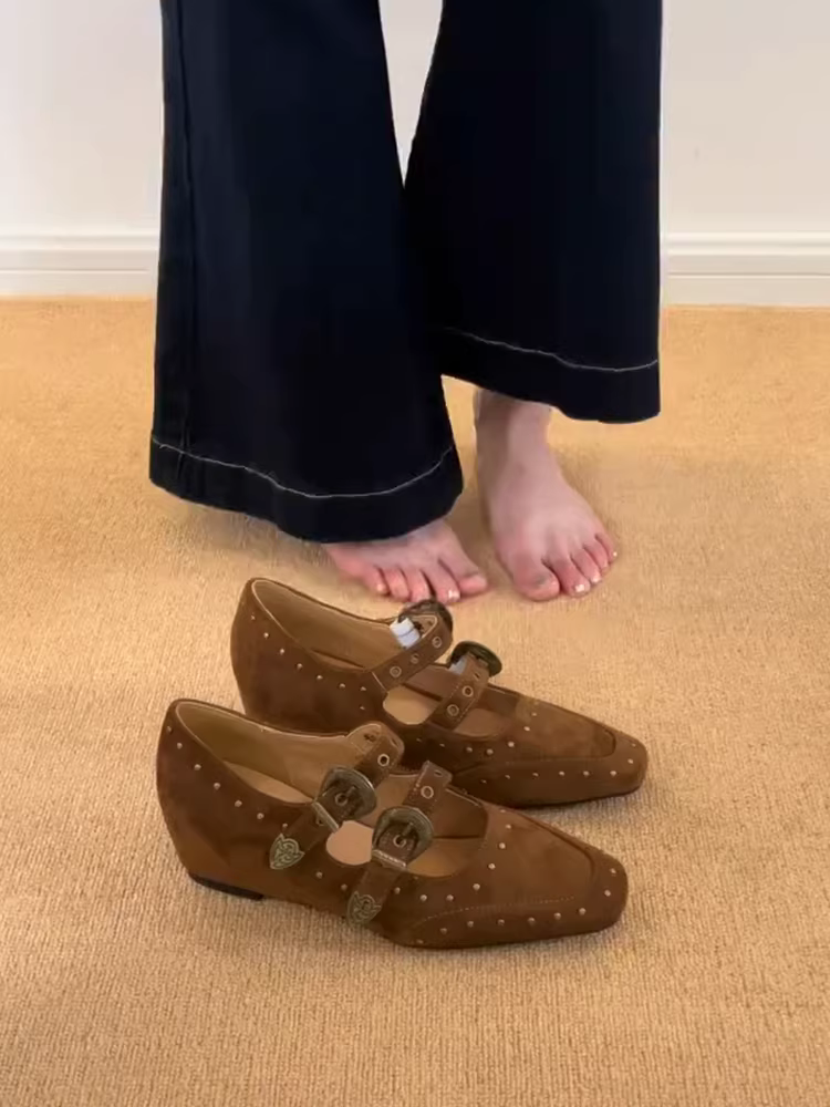 Phiên bản da cừu ~ Giày Mary Jane da lộn có khóa đôi tăng chiều cao theo phong cách retro punk, giày đơn miệng nông thời trang