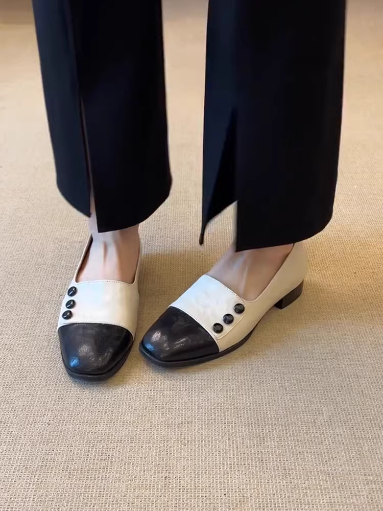 Phiên bản da cừu ~ Giày đế bằng đa năng phong cách Anh cho nữ, giày lười mũi vuông, giày da đi làm thoải mái