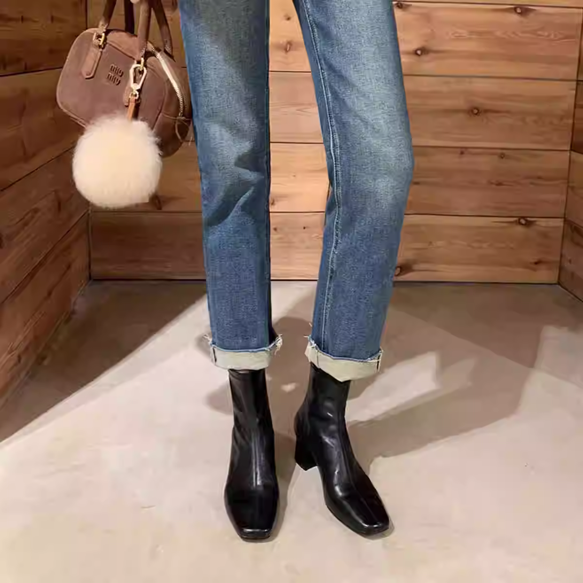 Phiên bản da bò~ Giày bốt kiểu cổ điển kiểu Pháp dành cho nữ, mũi vuông, gót giữa thon gọn, khóa kéo phía sau, bốt co giãn, da thật, bốt ngắn thanh lịch