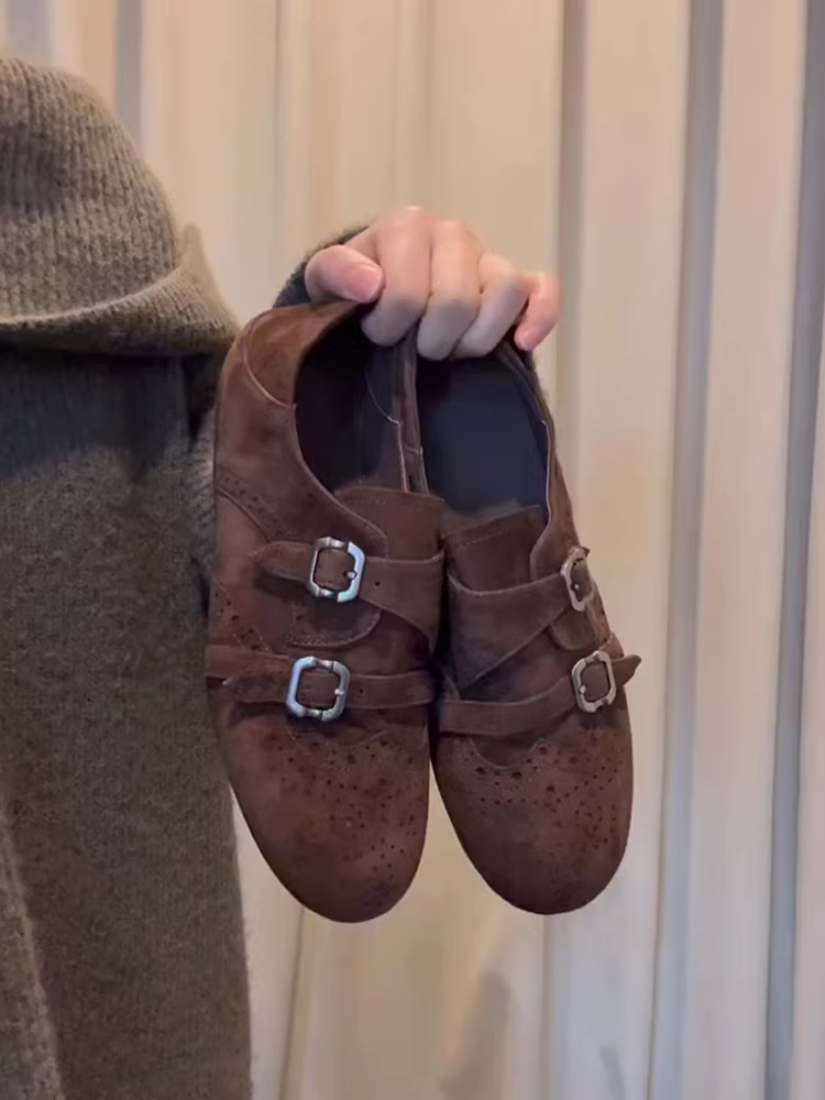 Phiên bản da cừu ~ giày lười có khóa thắt lưng bằng da lộn phong cách cổ điển dễ thương dành cho nữ, giày thời trang mũi tròn đế bằng kiểu dáng thời trang