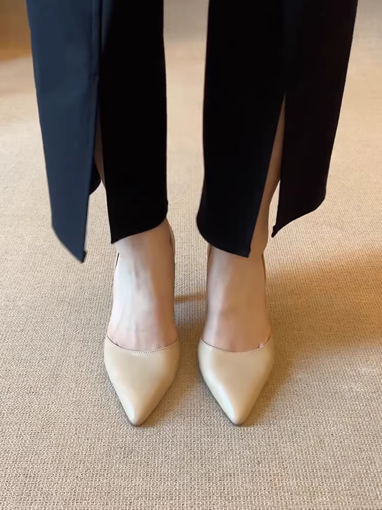 Phiên bản da cừu ~ Giày cao gót mũi nhọn kiểu Pháp thanh lịch dành cho nữ, gót mỏng thoải mái và đa năng, giày đơn miệng nông.