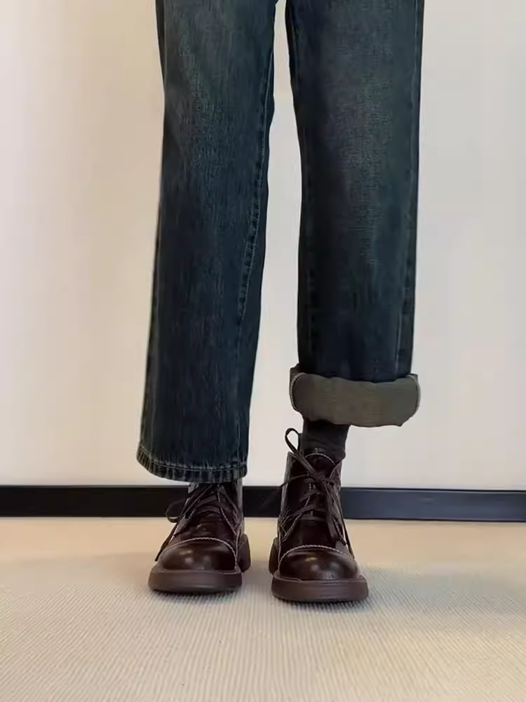 Phiên bản da bò~ Giày bốt ngắn da thật phong cách Anh quốc dành cho nữ, giày bốt Martin thời trang đi làm đa năng mũi tròn gót thấp kiểu Pháp