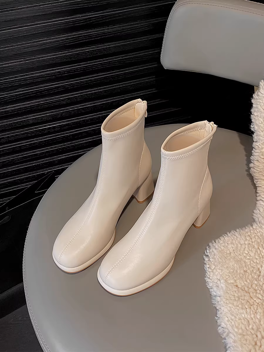 Phiên bản da bò ~ bốt cao gót ngắn màu trắng dành cho nữ, mũi tròn, gót thô, bốt ôm dáng co giãn, phong cách Pháp, bốt Martin đa năng