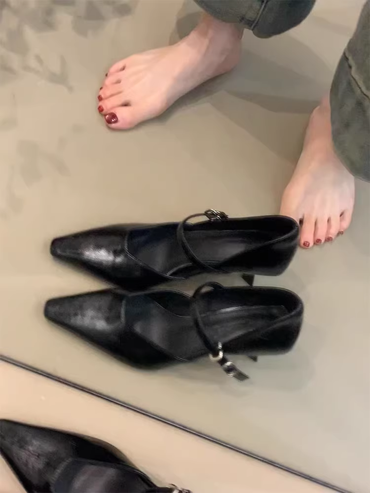 Phiên bản da cừu ~ Giày cao gót phong cách quý tộc cổ điển dành cho nữ có khóa, mũi vuông nhỏ, miệng nông, giày Mary Jane da thật