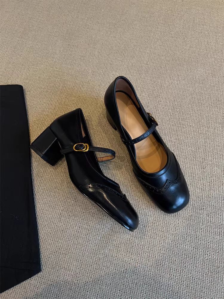 Phiên bản da cừu ~ Giày Mary Jane đế dày, quai đơn, kiểu dáng đa năng dành cho nữ, giày bệt da thật kiểu retro, mũi vuông, kiểu brogue