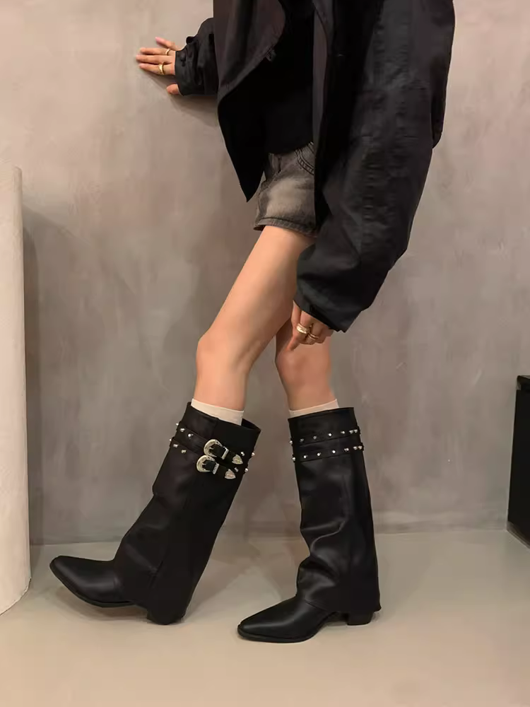 Phiên bản da bò ~ Quần bó sát có khóa thắt lưng đính đá thời trang, ủng mũi nhọn gót thô da thật cổ điển, ủng dài nữ, ủng cưỡi ngựa