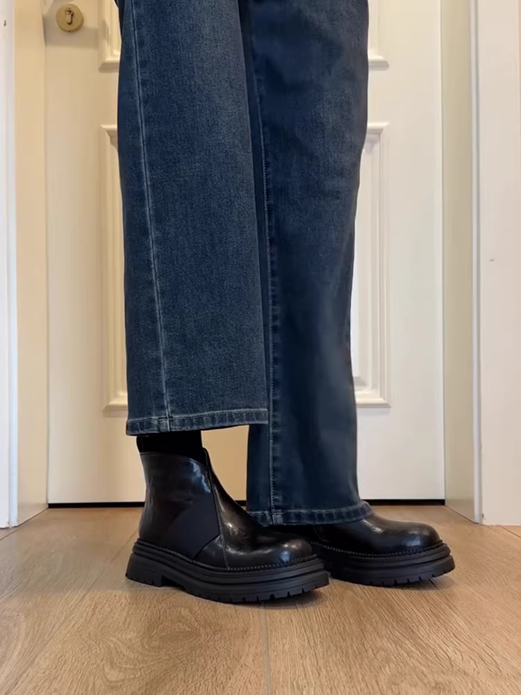 Phiên bản da bò~ Giày bốt Martin da thật cổ điển có khóa kéo bên hông, đế dày, gót dày, bốt ngắn đa năng, bốt da thật màu đen dành cho nữ