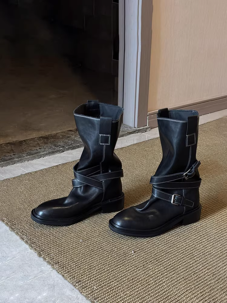 Phiên bản da bò~ Giày bốt cưỡi ngựa có gót dày kiểu Anh dành cho nữ, đa năng và tôn dáng, thích hợp để mặc ngoài trời, giày bốt Martin có gót dày.