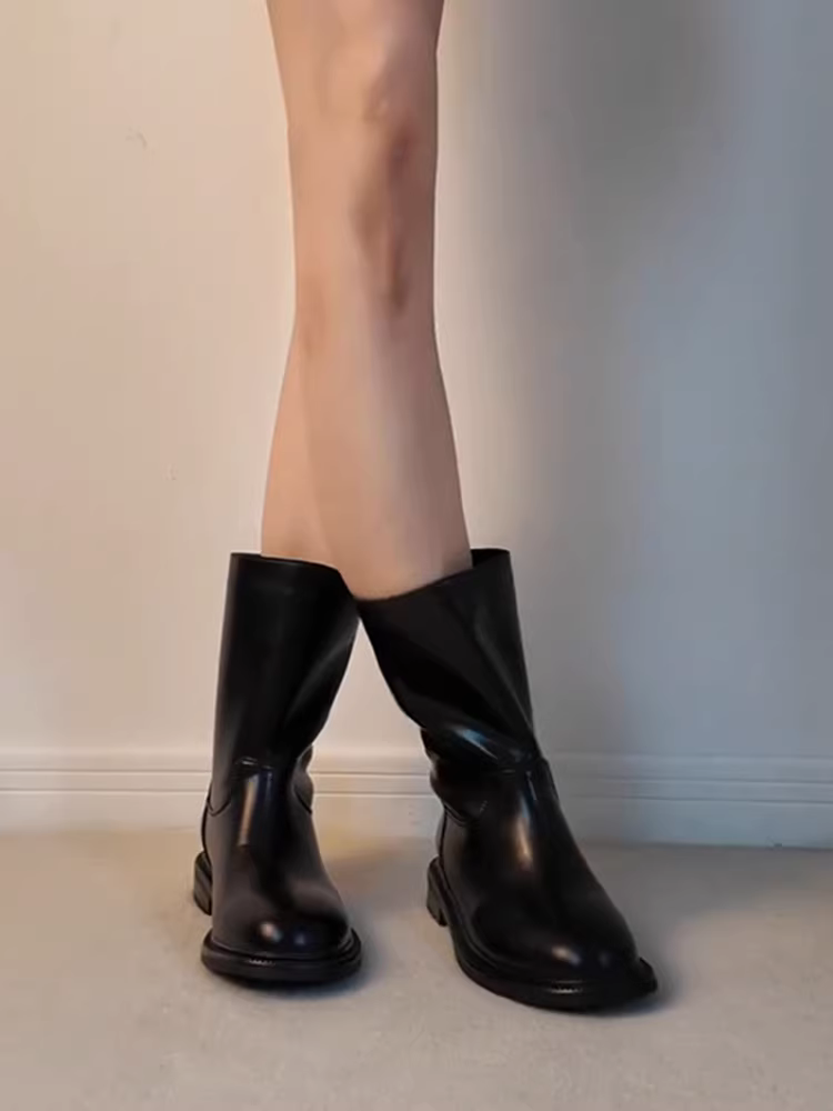 Phiên bản da bò ~ Giày bốt cưỡi ngựa đế dày cổ điển bằng da thật đơn giản và phong cách dành cho nữ, giày bốt cao đến giữa bắp chân kiểu Anh có gót dày kiểu Anh