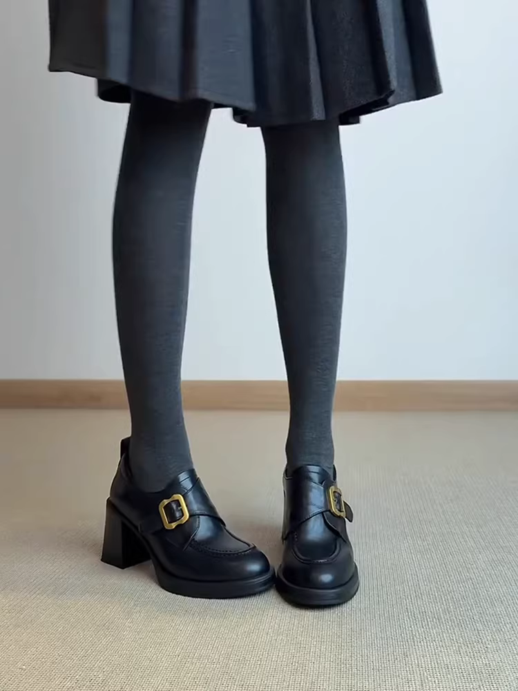 Phiên bản da cừu ~ Giày lười đế dày màu đen phong cách cổ điển của Anh dành cho nữ, giày da cao gót có khóa thắt lưng kiểu dáng cổ điển