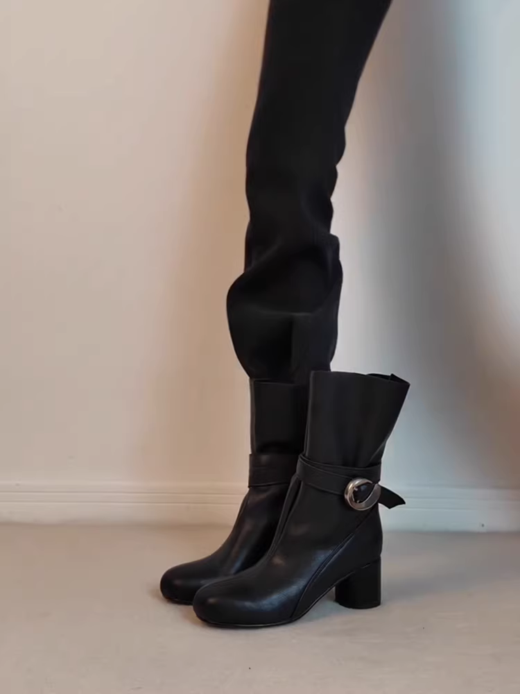 Phiên bản da bò ~ Giày bốt cổ ngắn mũi tròn kiểu Anh cổ điển có khóa thắt lưng kiểu Anh cổ điển dành cho nữ với gót dày, da thật, giày bốt thời trang độc đáo