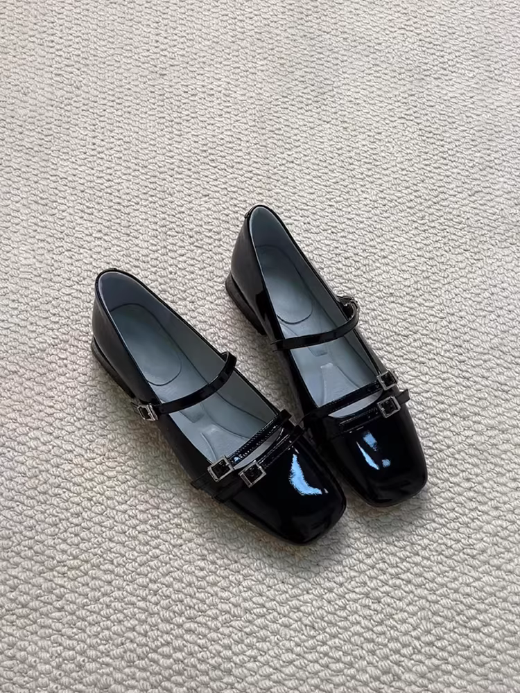 Phiên bản da cừu ~ Giày đơn màu đen đa năng bằng da sáng chế của Pháp có khóa đơn, mũi vuông nông, thiết kế độc đáo Giày Mary Jane.