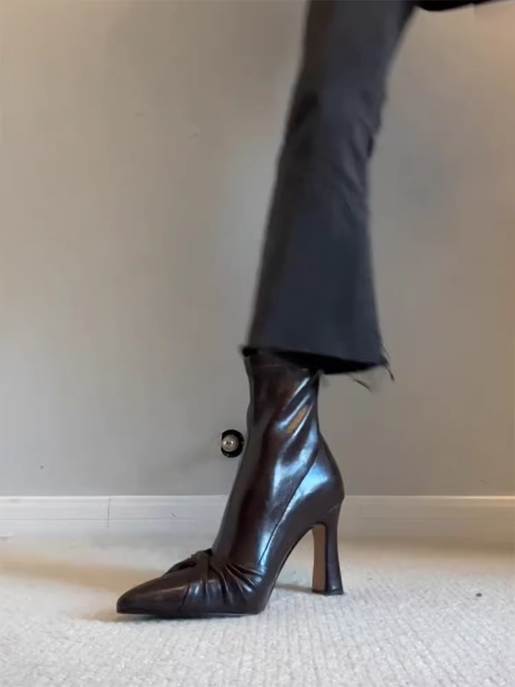 Phiên bản da bò~Giày cao gót cổ điển kiểu Pháp dành cho nữ, giày bốt da thật mũi nhọn co giãn, giày bốt ngắn có dây kéo thắt nơ mũi nhọn