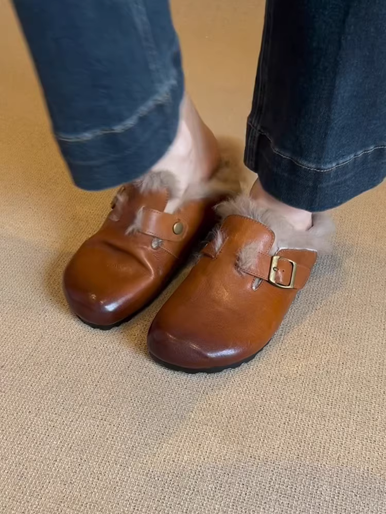 Phiên bản da bò ~ Giày lông có mũi kín kiểu cổ điển dành cho nữ, da thật đế bằng có lông cừu, giày Birkenstock đơn giản kiểu lười đi làm.