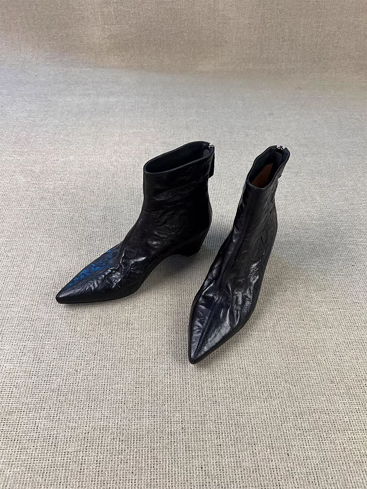 Phiên bản da bò ~ Giày bốt mỏng thời trang tối giản dành cho nữ, mũi nhọn thanh lịch, gót ẩn, khóa kéo phía sau, giày bốt da thật đa năng để đi làm.