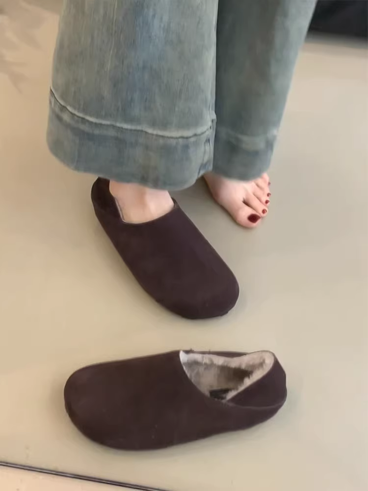 Phiên bản da cừu ~ Giày Birkenstock dành cho nữ, kiểu dáng đơn giản, có thể mang hai chiều, kiểu lười, giày cotton phủ kín, lót lông cừu, ấm áp, thời trang, giày lông thú đa năng