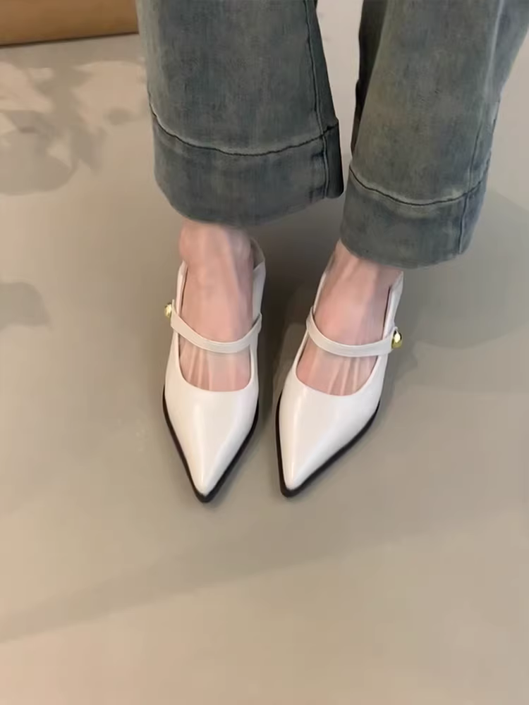 Phiên bản da cừu ~ Giày Mary Jane mũi nhọn kiểu cổ điển có khóa dán, giày đế dày, giày đi làm đa năng bằng da thật có miệng nông dành cho nữ