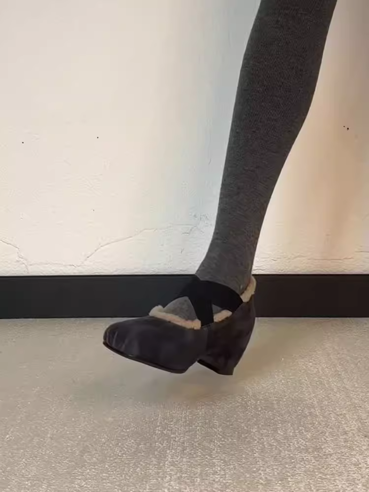 Phiên bản da cừu ~ Giày ba lê cao cấp đa năng có dây đeo chéo kiểu Pháp dành cho nữ với độ tăng chiều cao ẩn, lớp lót lông cừu giữ ấm, giày Mary Jane thời trang.