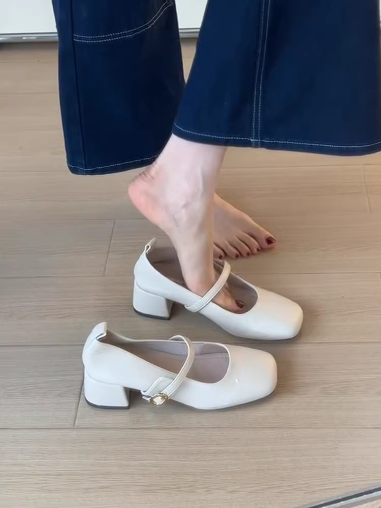 Phiên bản da cừu ~ Giày Mary Jane phong cách cổ điển Pháp với mũi vuông nông, giày cao gót đi làm bằng da mềm đa năng dành cho nữ
