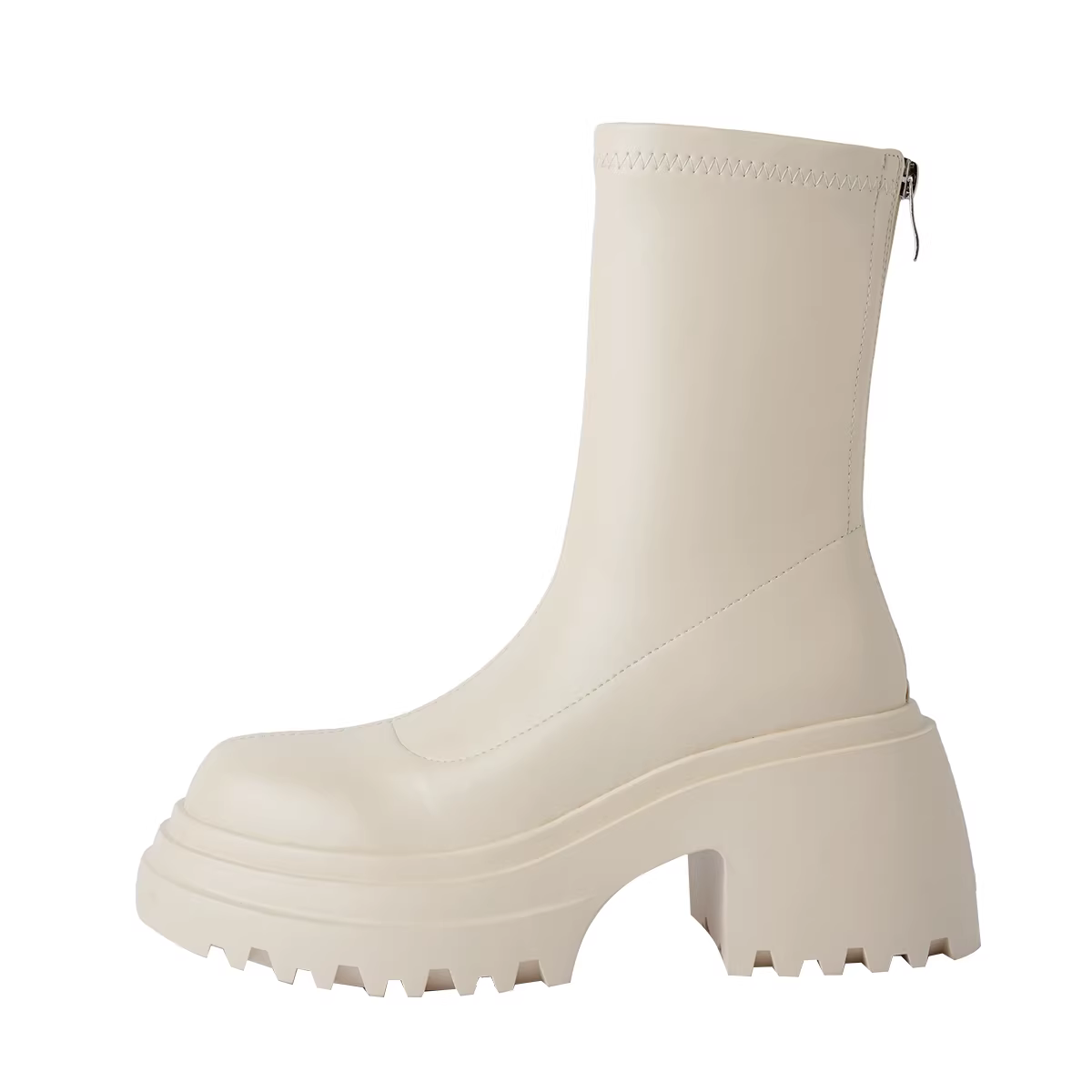 Pear Xiaoqi~ bốt ngắn màu trắng, bốt ôm dáng co giãn dành cho nữ, kiểu dáng mới 2025, bốt Martin đế dày tăng chiều cao dành cho phụ nữ nhỏ nhắn