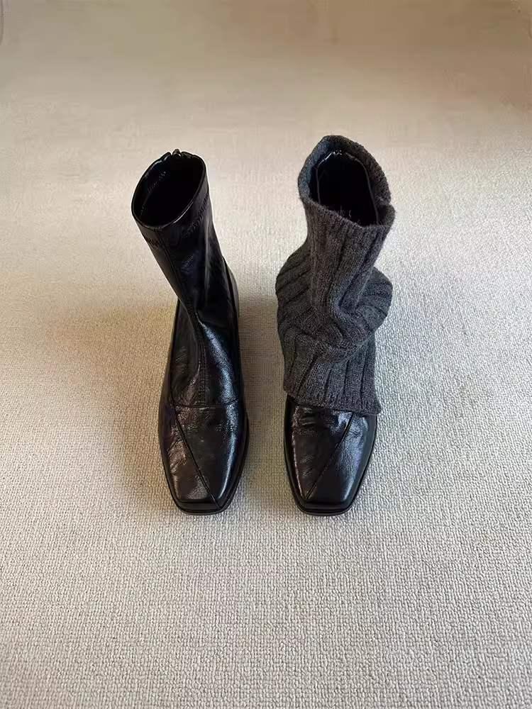 Phiên bản da bò ~ Giày bốt cổ ngắn đa năng mũi vuông bằng da thật tối giản dành cho nữ, giày bốt thon gọn có dây kéo phía sau kiểu cổ điển, giày bốt Martin.