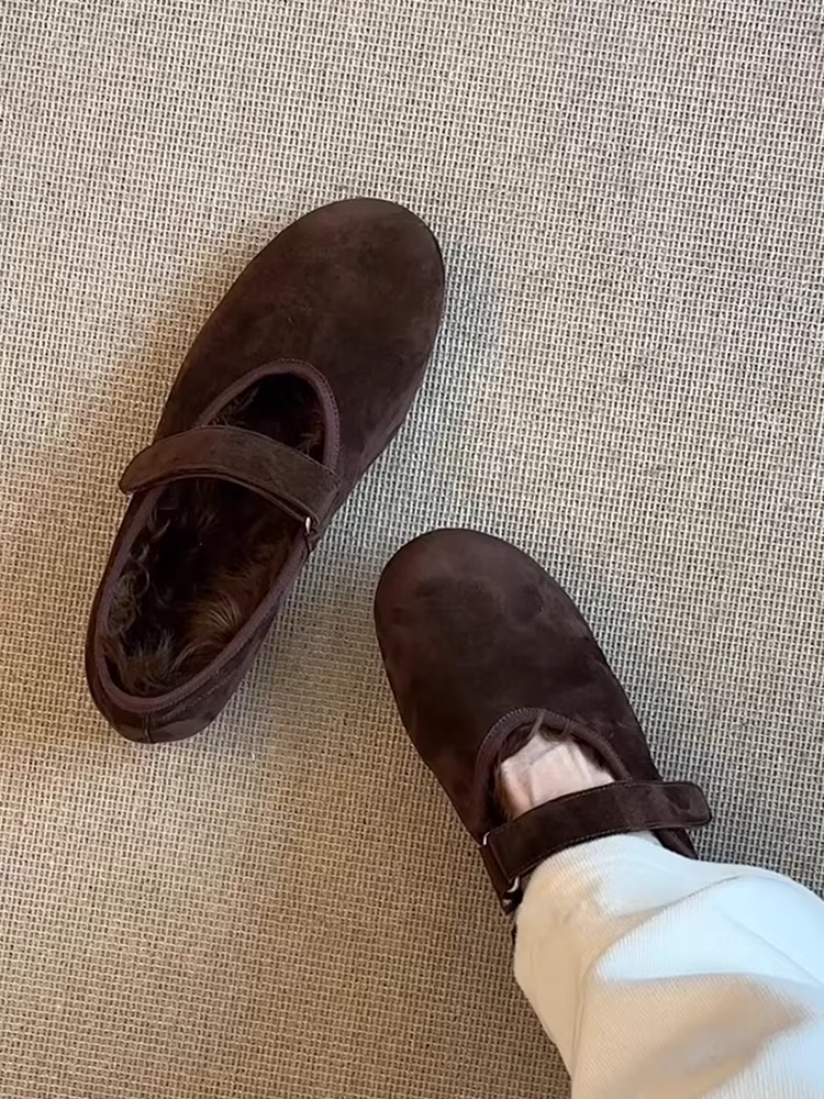 Phiên bản da cừu ~ Giày Mary Jane đế bằng đa năng phong cách Hàn Quốc, thoải mái, lót lông cừu dành cho nữ có khóa dán, mũi tròn nông, giày đơn giản