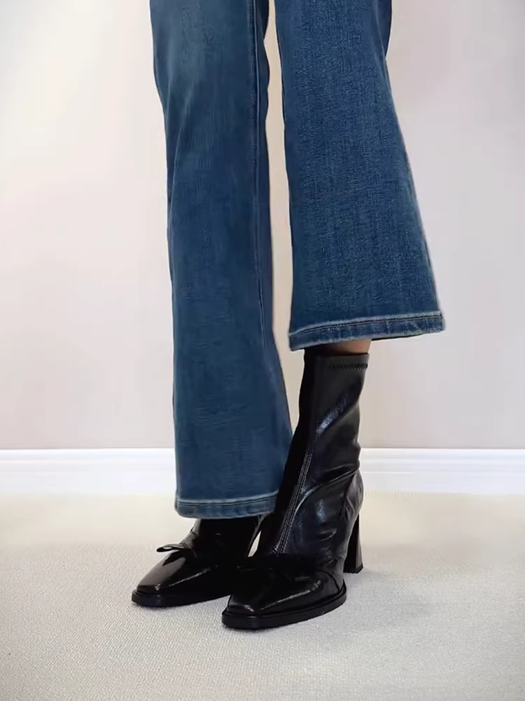 Phiên bản da cừu ~ Giày bốt da thật đa năng kiểu Anh dành cho nữ với mũi vuông nhỏ, nơ, khóa kéo phía sau, bốt ngắn cao gót