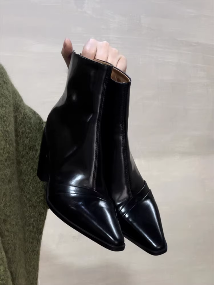 Phiên bản da bò~ Giày bốt cao gót da thật kiểu Pháp thanh lịch dành cho nữ, bốt ngắn cổ điển có khóa kéo phía sau, bốt Chelsea tôn dáng.