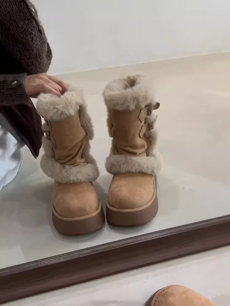 Phiên bản da bò ~ Giày bốt đi tuyết thời trang đế dày nhỏ gọn dành cho nữ với chất liệu len cừu tích hợp khóa thắt lưng, thích hợp cho hoạt động ngoài trời, giày bốt bằng vải cotton