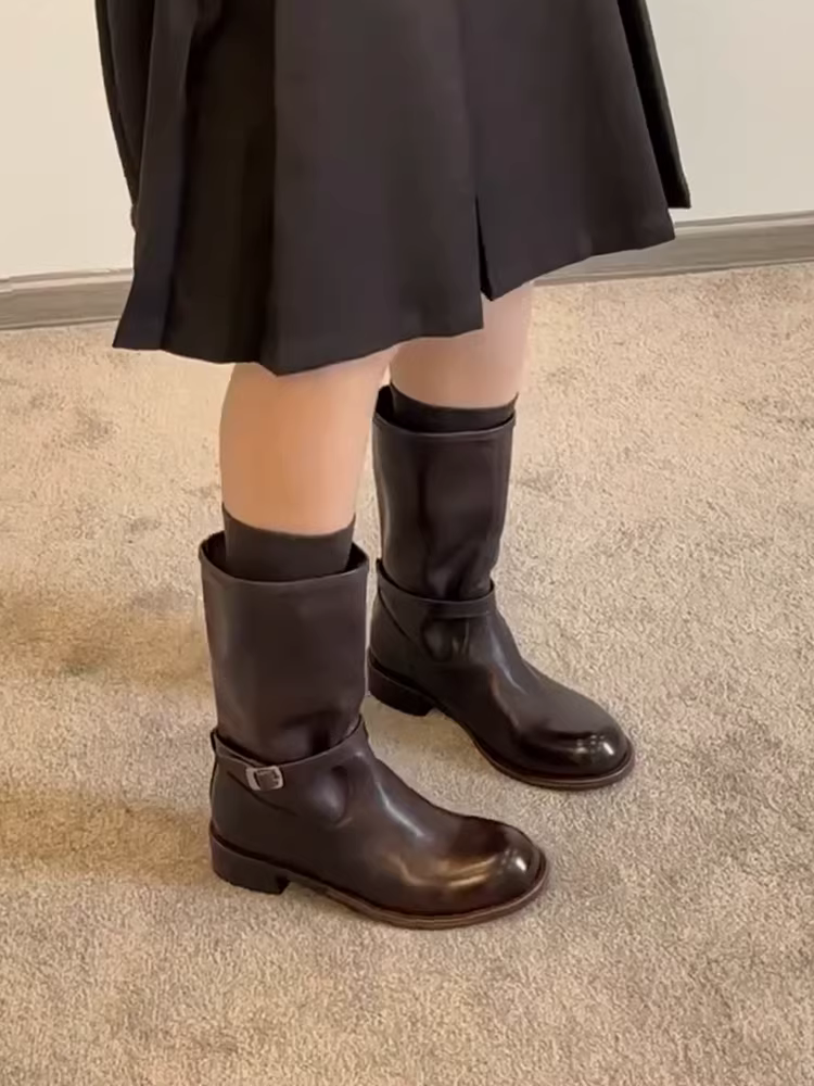 Phiên bản da bò ~ Giày bốt cổ ngắn đa năng bằng da thật cao cấp kiểu cổ điển dành cho nữ có khóa thắt lưng, gót thấp, giày bốt mũi tròn thon gọn