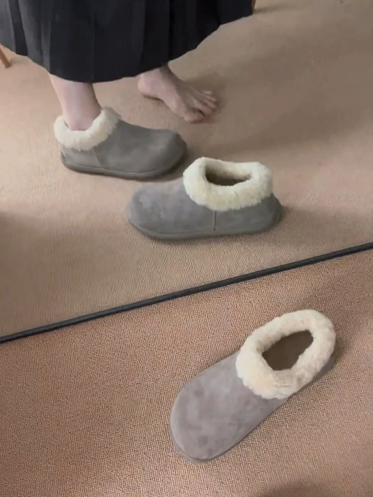 Phiên bản da cừu ~ Giày Birkenstock có lót lông cừu mùa đông, che phủ hoàn toàn, dành cho nữ, kiểu dáng đơn giản, dễ mang, giày đế bằng bằng vải len cotton thoải mái, mũi tròn