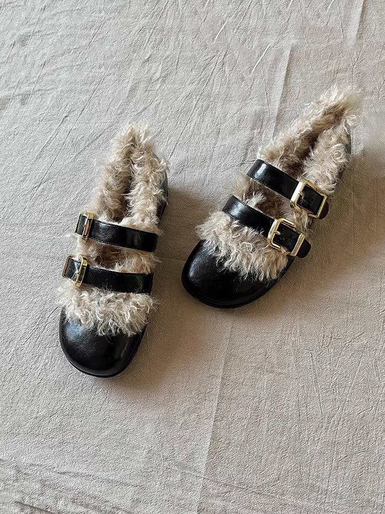 Phiên bản da cừu ~ Giày Mary Jane đế bằng da thật kiểu Pháp có khóa đôi dành cho nữ, giày đế bằng ngoài trời ấm áp bằng len cừu