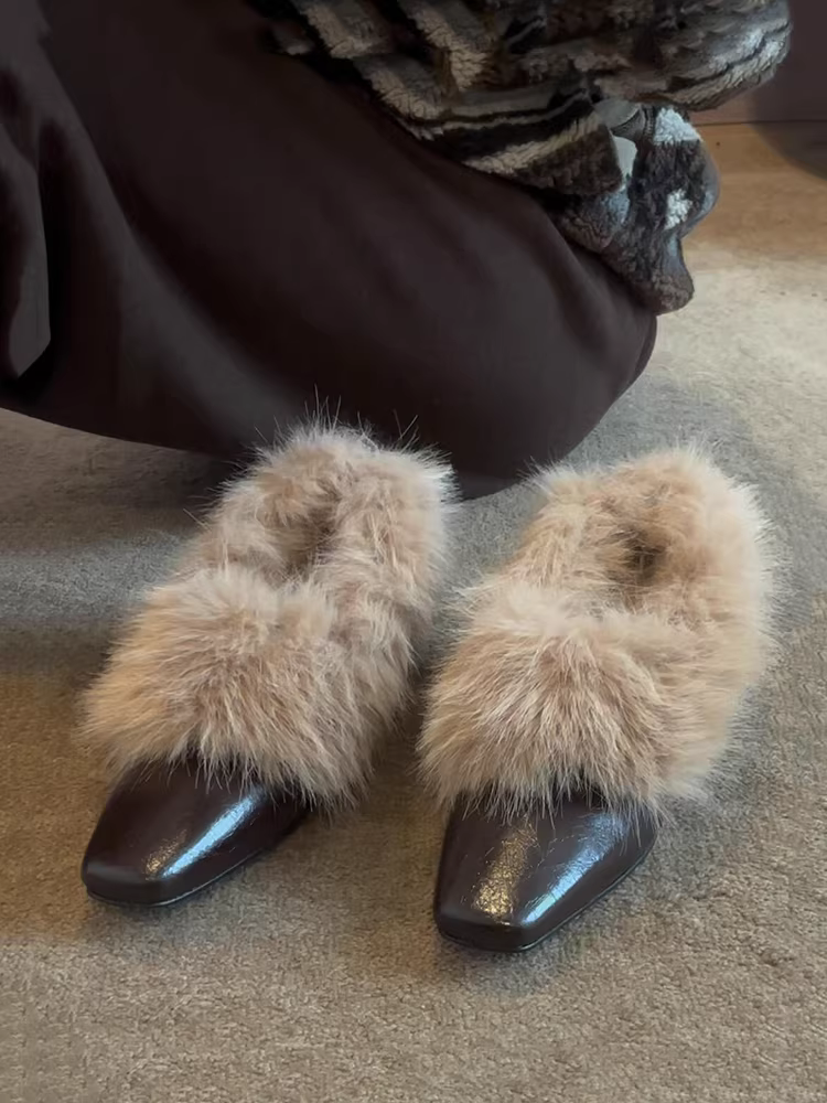 Phiên bản da bò~ Giày lười mũi vuông kiểu Pháp nhẹ nhàng và thanh lịch dành cho nữ, mùa thu đông, giày cotton lông mềm mại thanh lịch.