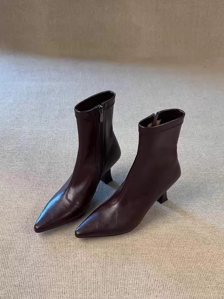 Phiên bản da bò ~ Giày bốt da thật kiểu Pháp tối giản dành cho nữ, kiểu Anh, có khóa kéo bên hông, mũi nhọn, giày cao gót ngắn thanh lịch