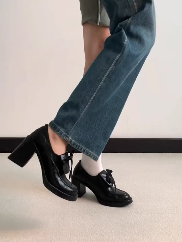 Phiên bản da cừu ~ Giày da buộc dây kiểu dáng nhỏ gọn, kiểu Anh, giày lười da thật cao gót thanh lịch dành cho nữ