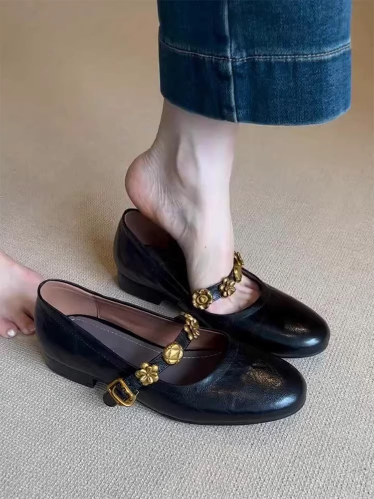 Phiên bản da cừu ~ Giày Mary Jane bằng da thật có khóa kim loại dành cho nữ, giày đơn nông kiểu Pháp, giày ba lê đế thấp thanh lịch