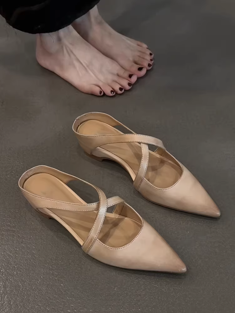 Phiên bản da cừu ~ Dép nửa mũi kín có quai ngang bằng da thật kiểu cổ điển của Pháp dành cho nữ, dép mũi nhọn rỗng thanh lịch để đi ngoài trời