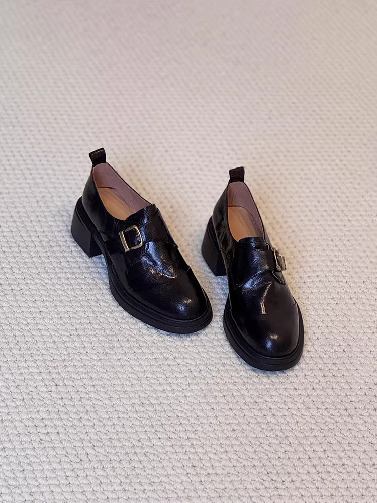 Phiên bản da bò ~ Giày lười có khóa da thật kiểu Anh dành cho nữ, giày da đế dày kiểu dáng thanh mảnh, giày da đi làm