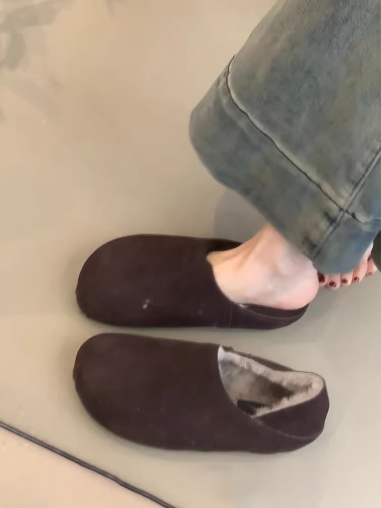 Phiên bản da cừu ~ Giày Birkenstock dành cho nữ, kiểu dáng đơn giản, có thể mang hai chiều, kiểu lười, giày cotton phủ kín, lót lông cừu, ấm áp, thời trang, giày lông thú đa năng