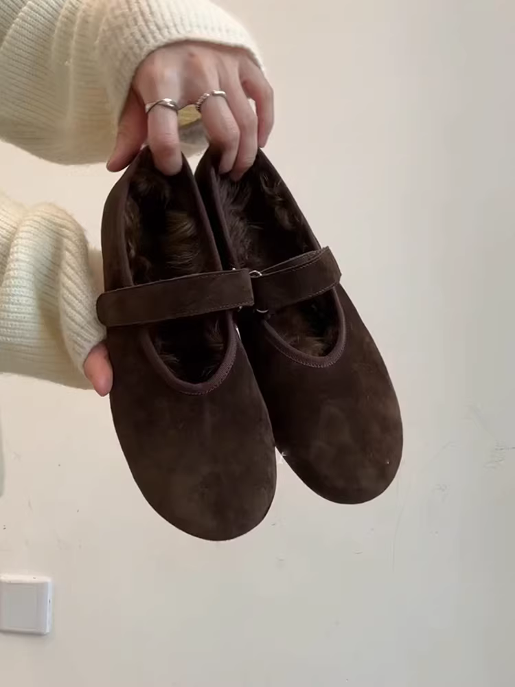 Phiên bản da cừu ~ Giày Mary Jane đế bằng đa năng phong cách Hàn Quốc, thoải mái, lót lông cừu dành cho nữ có khóa dán, mũi tròn nông, giày đơn giản