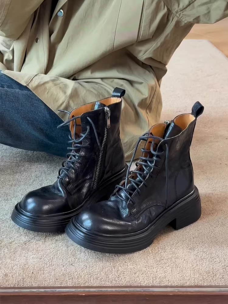 Phiên bản da bò ~ Giày bốt Martin đế dày đế dày kiểu cổ điển dành cho nữ, giày bốt cổ ngắn kiểu Anh có dây buộc bằng da thật có khóa kéo bên hông kiểu Anh