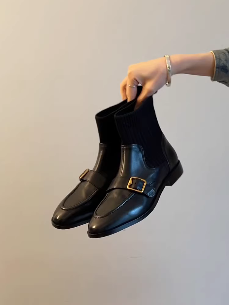 Phiên bản da bò ~ Giày bốt đế thấp có khóa da thật phong cách Anh Pháp dành cho nữ, giày bốt cổ ngắn co giãn kiểu dáng ôm dáng đi làm