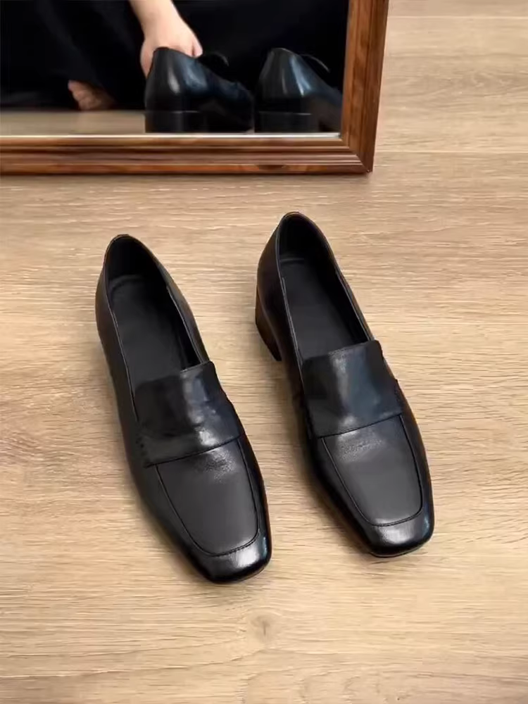 Phiên bản da cừu ~ giày lười đế giữa thời trang và đơn giản, đa năng khi đi làm, giày da cao cấp màu đen, giày đơn mũi vuông cổ điển