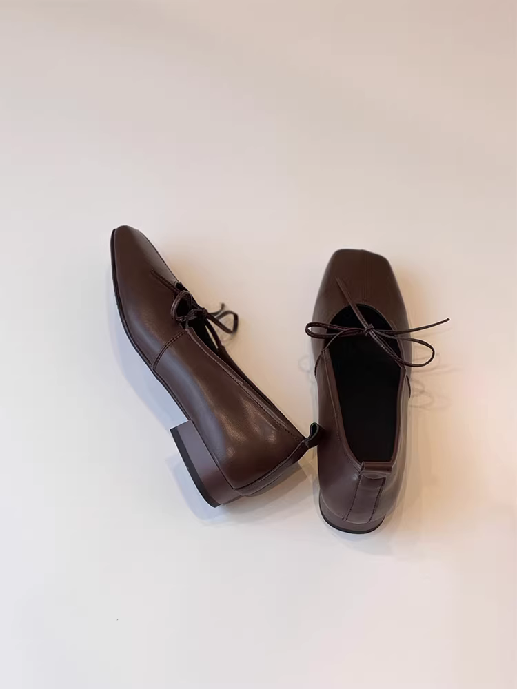 Phiên bản da cừu ~ giày lười buộc dây đa năng dành cho nữ, giày đế bằng mũi vuông, giày ba lê thoải mái miệng nông