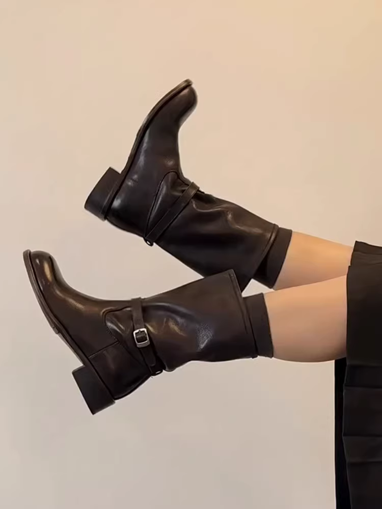 Phiên bản da bò ~ Giày bốt cổ ngắn đa năng bằng da thật cao cấp kiểu cổ điển dành cho nữ có khóa thắt lưng, gót thấp, giày bốt mũi tròn thon gọn