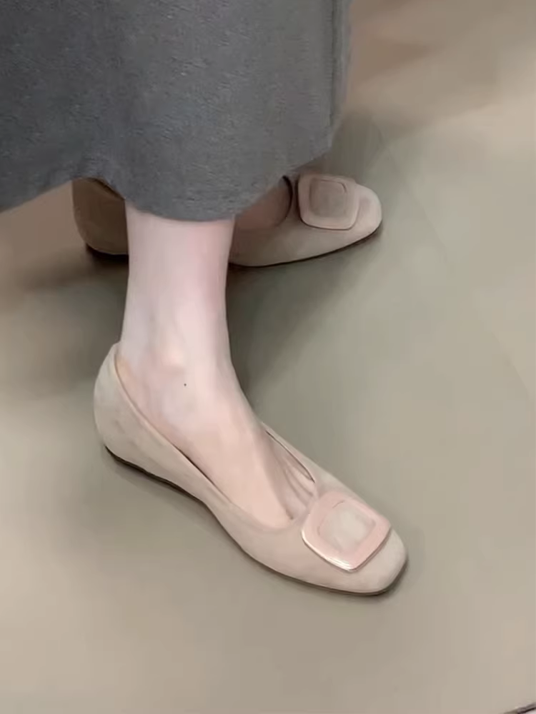 Phiên bản da cừu ~ Giày lười mũi vuông kiểu cổ điển của Pháp dành cho nữ có độ tăng chiều cao ẩn, giày lười da lộn có khóa vuông, giày dạ hội thanh lịch.