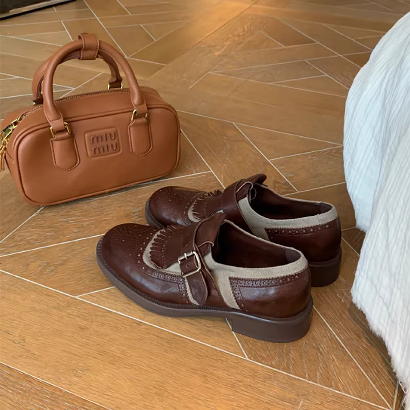 Da đã giặt~Giày da chạm khắc tua rua phong cách Anh quốc dành cho nữ, giày da nhỏ kiểu cổ điển, giày đế dày, giày đơn